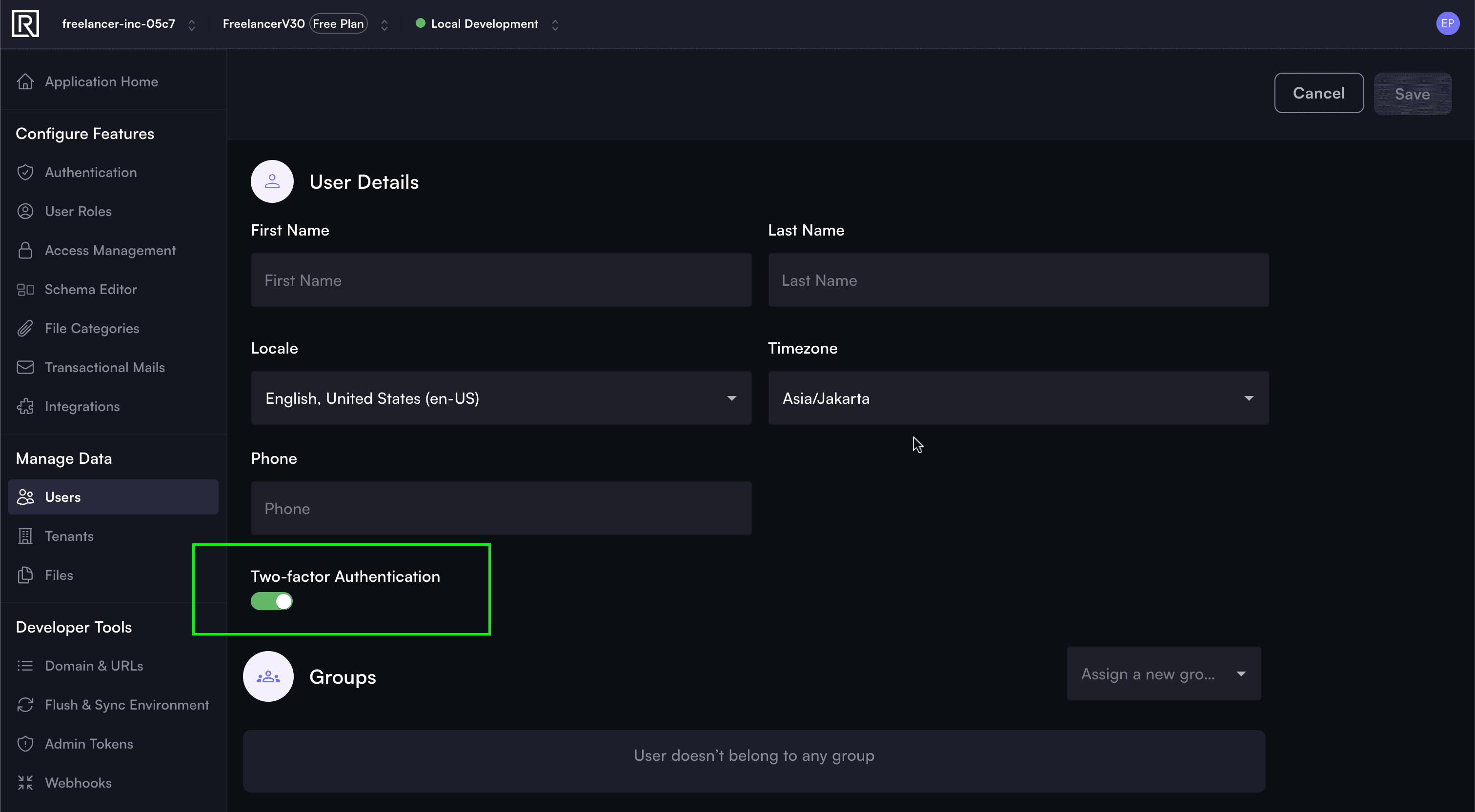 enable two factor auth for a user